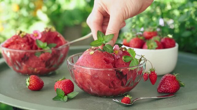 A detailed close-up shot of a woman's hand carefully placing a fresh green mint sprig on top of a scoop of bright red strawberry sorbet. After garnishing the cold summer dessert