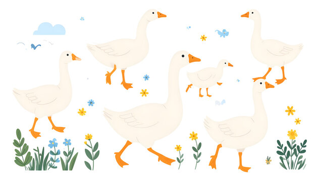 Cute geese standing among wildflowers in rural farm setting for joyful greeting card design generative AI