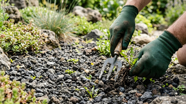 Close up of gloved hands using a hand fork to weed a rock garden. Removing weeds from dark gravel. Gardening maintenance