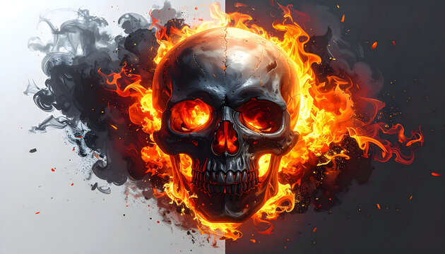 Burning skull illustration with flames fire dark intense skeletal design for t-shirt print generative AI