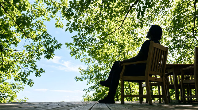 Silhouette of a person sitting on a teak outdoor dining chair. Man relaxing on a wooden deck under a green tree canopy. Low angle view against a blue sky