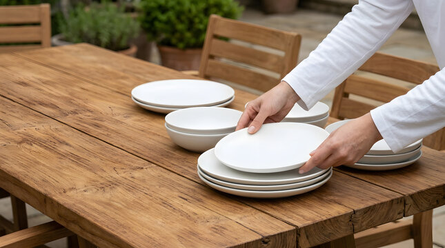 Hands setting white ceramic plates on a teak outdoor dining table. Person preparing for a meal on a patio. Close up of tableware arrangement