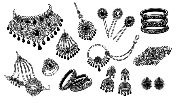 Ethnic indian bridal ornaments vector collection with colorful jewel stones for festival design