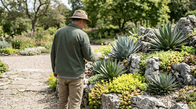 Senior man tending to an alpine rockery garden. Male gardener inspecting agave and succulent plantings among rocks