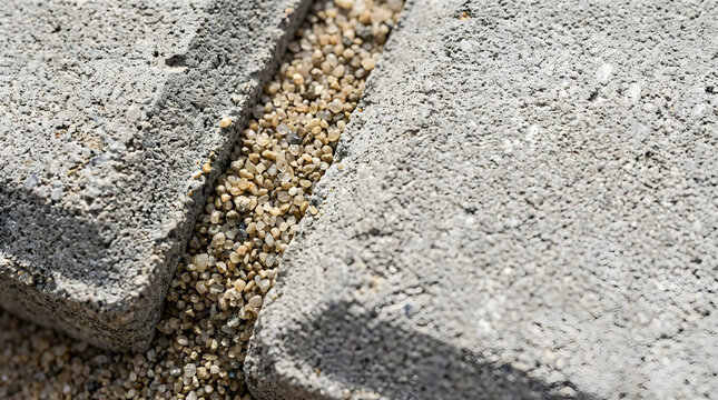 Close-up of coarse sand filling the gap between grey concrete pavers. Macro texture of hardscaping materials and joint sand