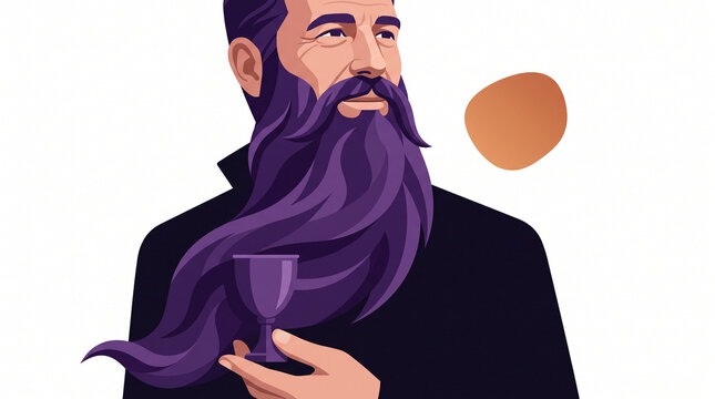 Bearded man holding a glass and posing confidently with long hair  