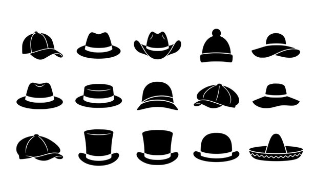 Minimalist hat silhouette icon set featuring baseball cap fedora cowboy hat beanie and sun hat vector