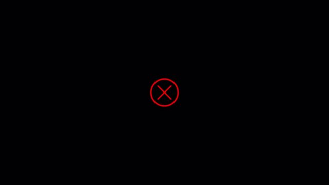Cross mark icon animation on black background, verification denied symbol animated video, incomplete verification symbol, red cross animation, incorrect red mark. 