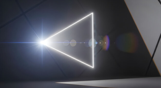 A glowing triangular neon light frame illuminating a dark room for a creative world photography day concept
