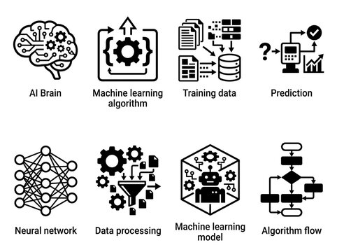 Machine learning and ai icons collection in black and white