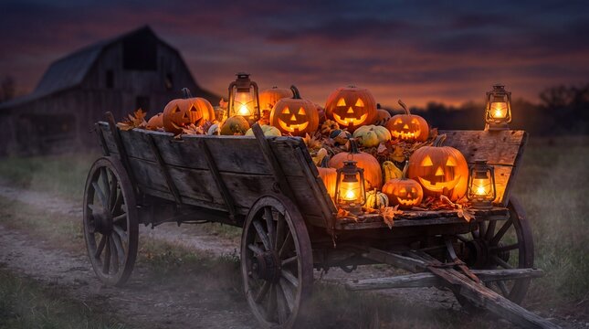 A wooden cart filled with glowing carved pumpkins sits in a misty night farm scene