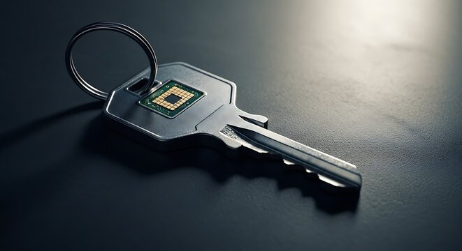 Closeup of metal key with microchip on key head and ring