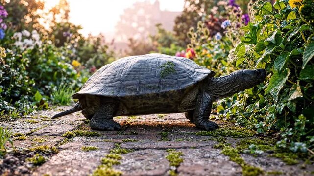 Large turtle walking on a stone path in a sunny garden during the day