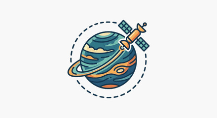 Minimalist vector illustration of a ringed gas giant planet and an orbiting communications satellite, featuring flat design line art, stylized planetary rings, and a dashed orbital path. © Anam
