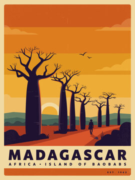 Premium retro travel poster of Madagascar featuring the Avenue of the Baobabs, dramatic sunset, red earth road and traveler among giant trees