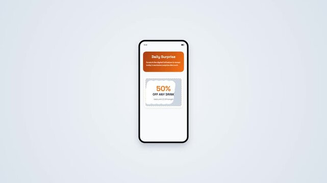 Digital Scratch Card Interface Animation on Mobile Screen Revealing Fifty Percent Off Surprise Discount Coupon