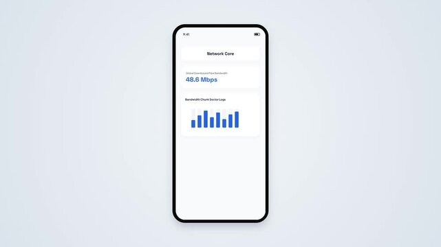 Network Core Bandwidth Speed Test Analytics Display on Mobile Screen with Real Time Mbps Counter and Sector Bar Chart Graphic Presentation