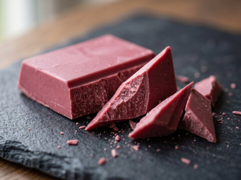 Large block of pink ruby chocolate with broken chunks on black slate