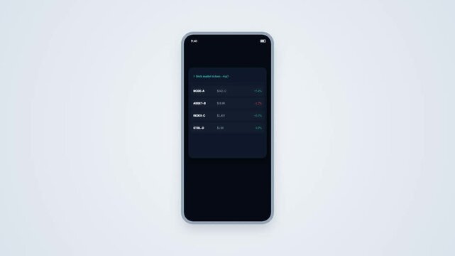 Dark Mode Smartphone Mockup Screen Animating Crypto Asset Market Token List and Price Tracking Dashboard UI UX Template