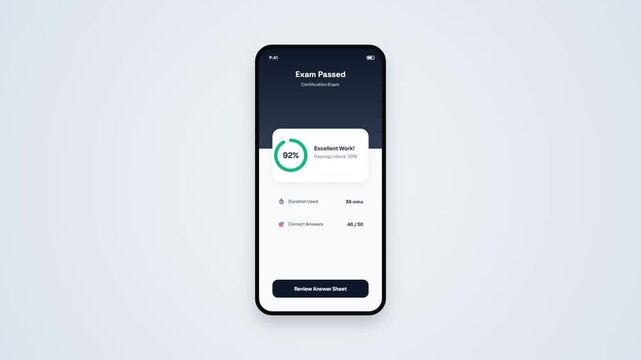 Mobile Smartphone Screen Displaying Certification Exam Passed Result UI Design with Percentage Circle and Performance Stats