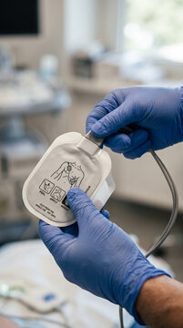 Gloved Hands Holding Defibrillator Pad Package For Cardiac Emergency Treatment