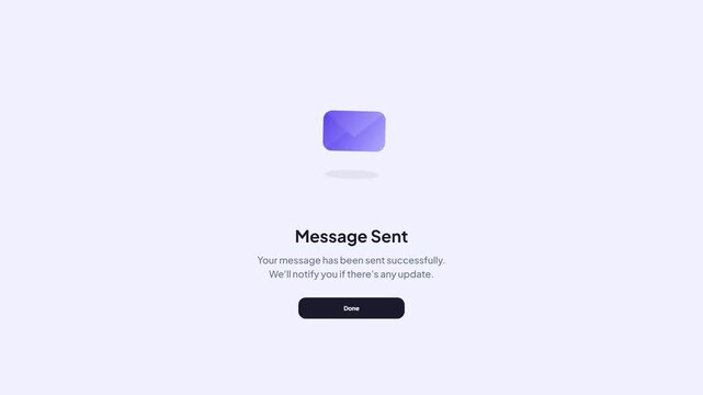 Message Sent Success Modal Window with Animated Floating Violet Envelope Icon and Done Button