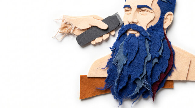 Barber trimming a blue beard on a paper-cut model of a man  