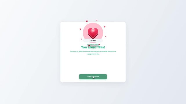 Social Media Post Appreciation Heart Counter Animation, User Engagement UI Notification Card Interaction, Content Like Button Click Action Microinteraction Mockup Template