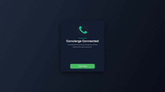 VIP Concierge Call Telephone Support Button Interface Popup Card Dark Mode Animation