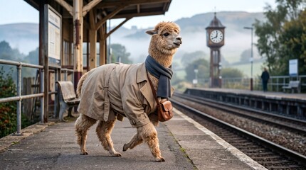 Naklejka premium Stylish alpaca traveler wearing a coat and scarf while walking through a countryside train station.