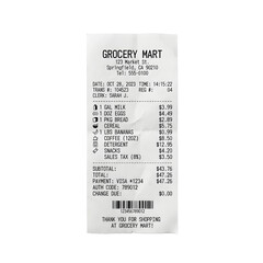 Fototapeta premium Grocery store paper receipt with itemized list, retail shopping sales slip, financial transaction bill for food items isolated PNG with Transparent Background