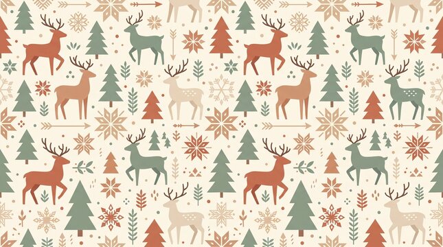 Reindeer and evergreen tree pattern with snowflake ornaments a festive design