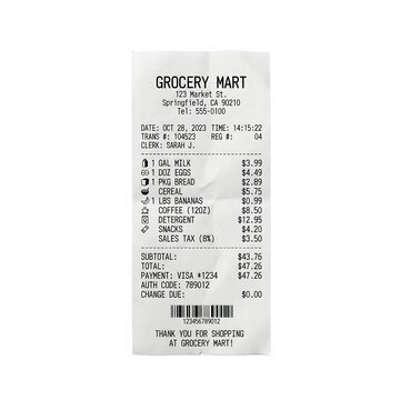 Grocery store paper receipt with itemized list, retail shopping sales slip, financial transaction bill for food items isolated PNG with Transparent Background
