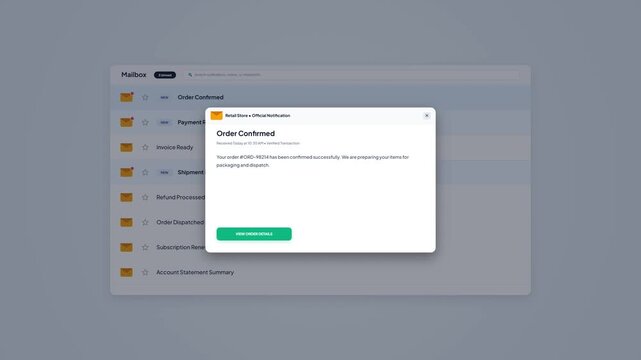 Light Mode E-Commerce Mailbox UI Animation Order Confirmed Popup Notification Interface Mockup