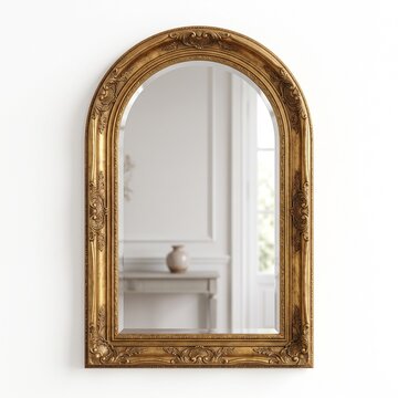 Vintage gold arched mirror, ornate baroque wall mirror with carved frame, antique gilded mirror for luxury home decor