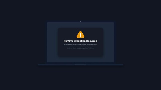 Dark Laptop Screen Displaying Runtime Exception Occurred Error Message Window Motion Graphics Mockup