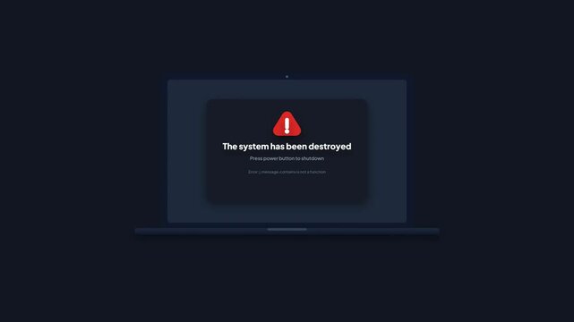 Dark Laptop Screen Displaying System Destroyed Error Message Window Motion Graphics Mockup