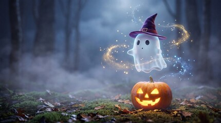 Obraz premium A tiny witch hat ghost with sparkles floats above a glowing pumpkin in a misty forest