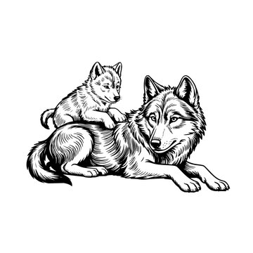 Wolf and Cub Resting Together in Detailed Etching Style