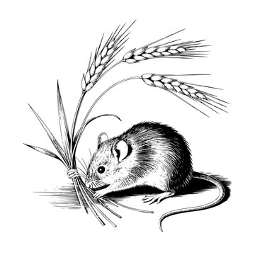 Black and white ink sketch of a mouse standing beside stalks of wheat in a natural setting