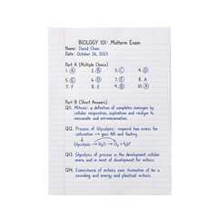 Fototapeta premium Biology 101 midterm exam on lined paper, handwritten science test answers, student academic coursework and schooling isolated PNG with Transparent Background