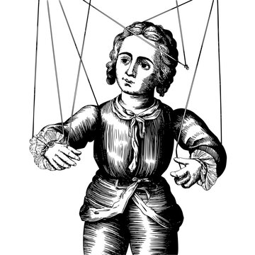 Engraved illustration of a marionette puppet in period costume controlled by overhead strings
