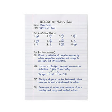 Biology 101 midterm exam on lined paper, handwritten science test answers, student academic coursework and schooling isolated PNG with Transparent Background