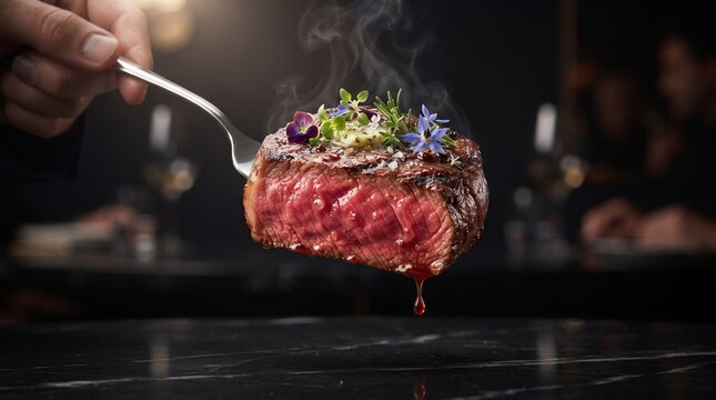 Gourmet grilled beef steak on fork with steam. Juicy medium rare tenderloin fillet, luxury restaurant dining, dark moody food photography.