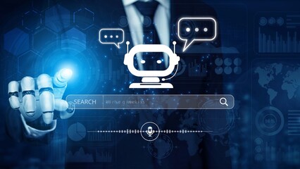 Naklejka premium AI assistant with voice chat interface, combining smart chatbot, voice command, and AI-powered control search tools. Agentic AI assistant helps users search and chat naturally. Muxer