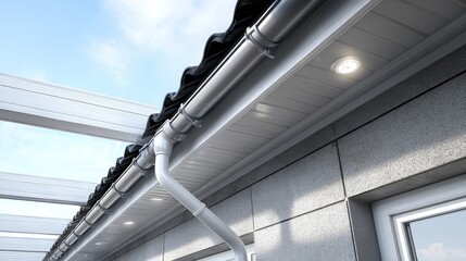 Naklejka premium Gutter and downspout system on a house featuring gray roof tiles, clean soffit, and contrasting downspouts with natural light shining above
