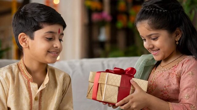 Happy Indian brother giving a beautiful gift box to his sister during Raksha Bandhan celebration. Cute siblings wearing traditional clothes with a tied rakhi bracelet and festive sweets