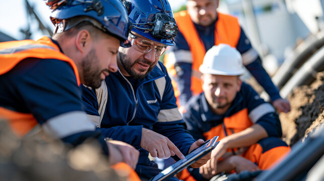 Excavation crew members in helmets and reflective vests cluster around a deep foundation trench at an industrial site, reviewing spectrum allocation plans on a hardhat-mounted tablet, their group dy