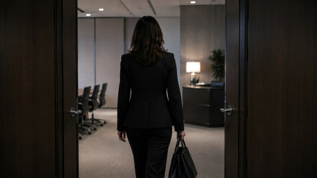 Businesswoman entering a corporate boardroom carrying a handbag, symbolizing leadership, career growth and executive responsibility