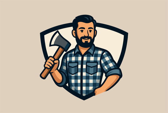 Friendly bearded lumberjack character in a plaid shirt holding a sharp hand axe inside a shield shaped emblem.